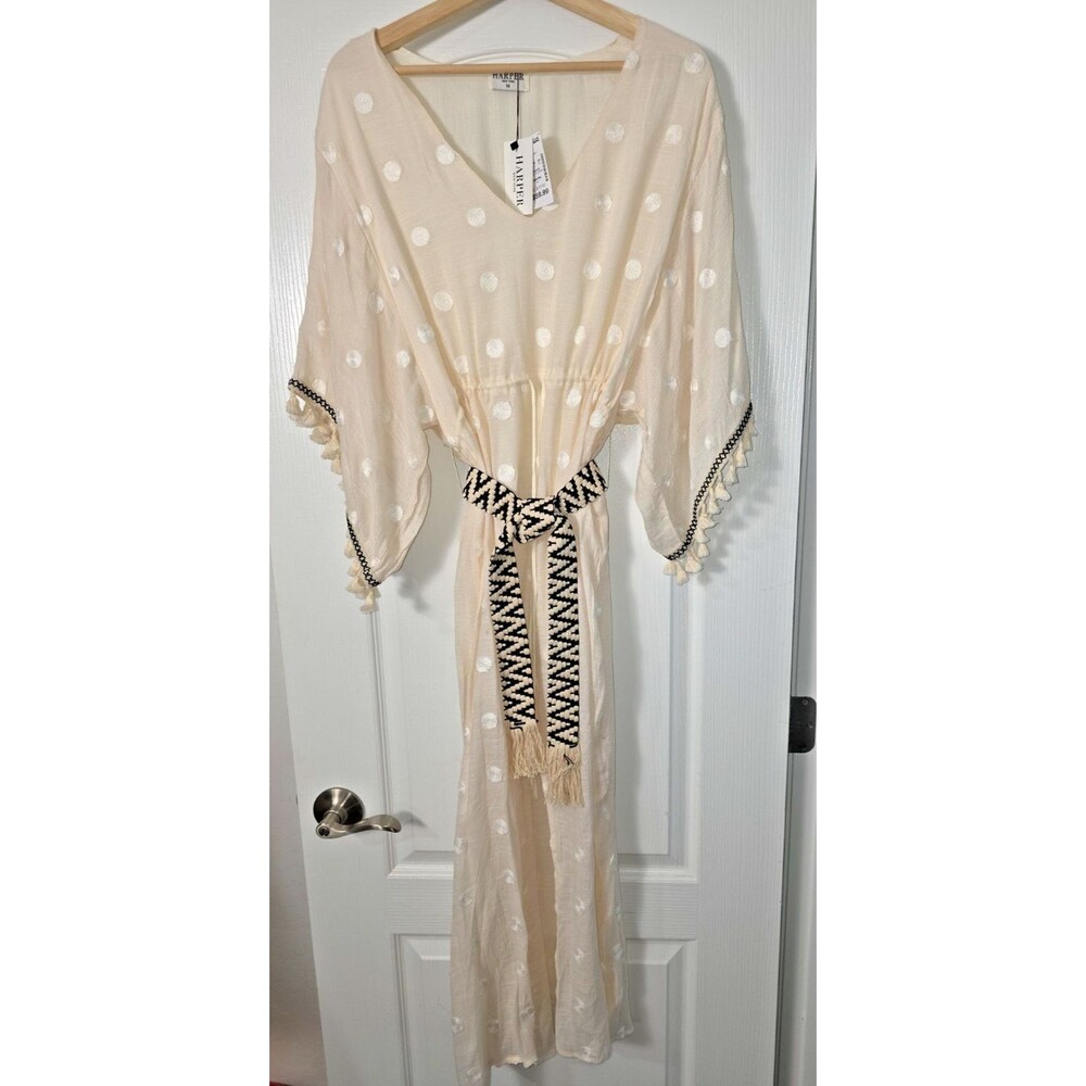 NWT Harper New York Maxi Dress Womens Med Polkadot Fringe Sheer Boho Chic Beachy